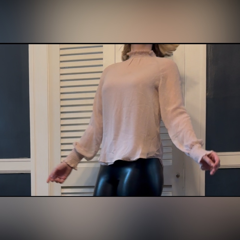 Ann Taylor blush sheer turtleneck blouse with blush polkadots